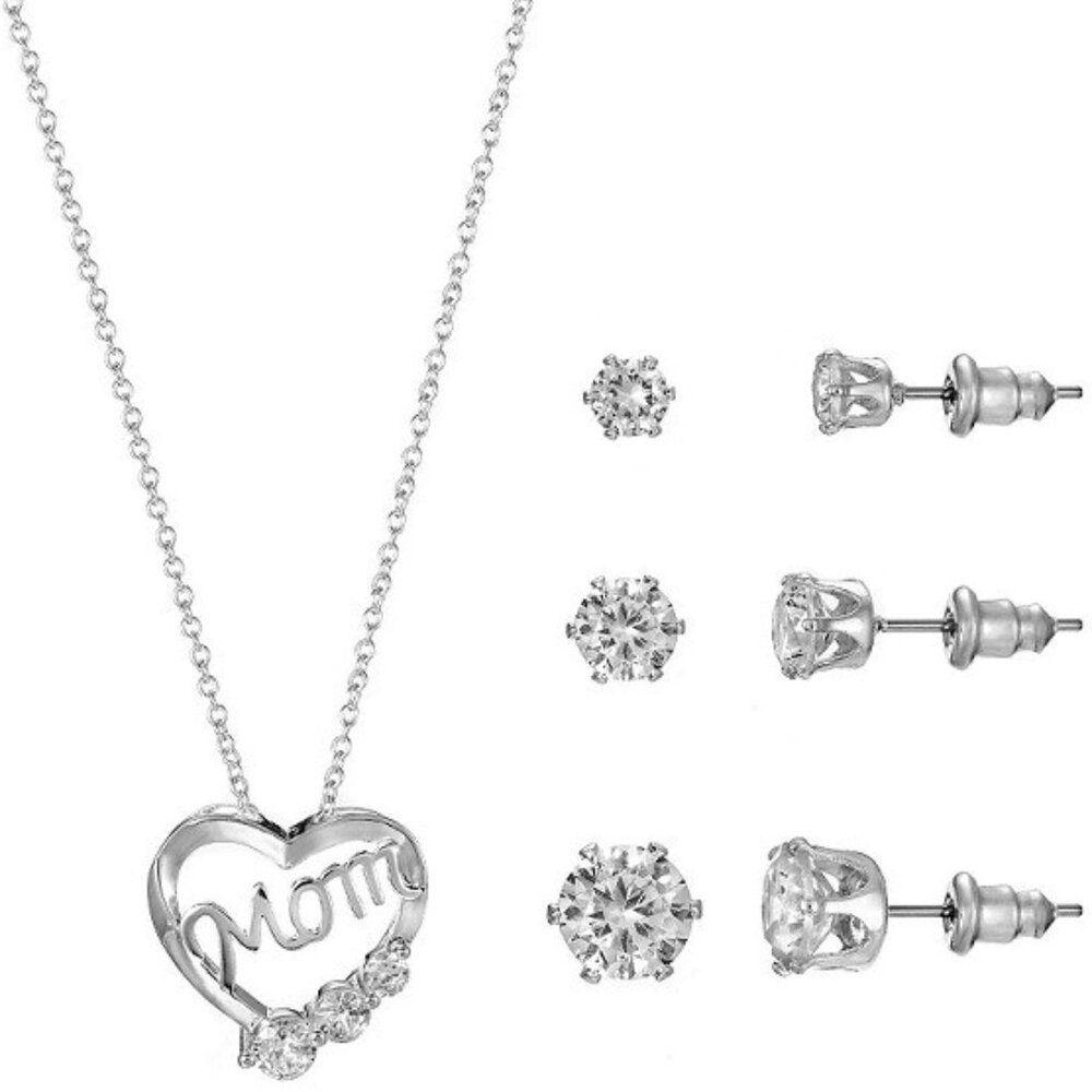 PRIMAVERA 4pc Heart 'Mom' Clear CZ Silver Plated Necklace & Stud Earrings Set